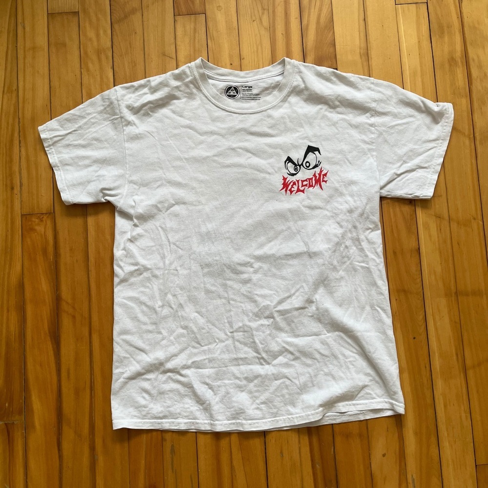 Welcome Skateboards Mens Large White Graphic T-Shirt Mystical Back Print Cotton